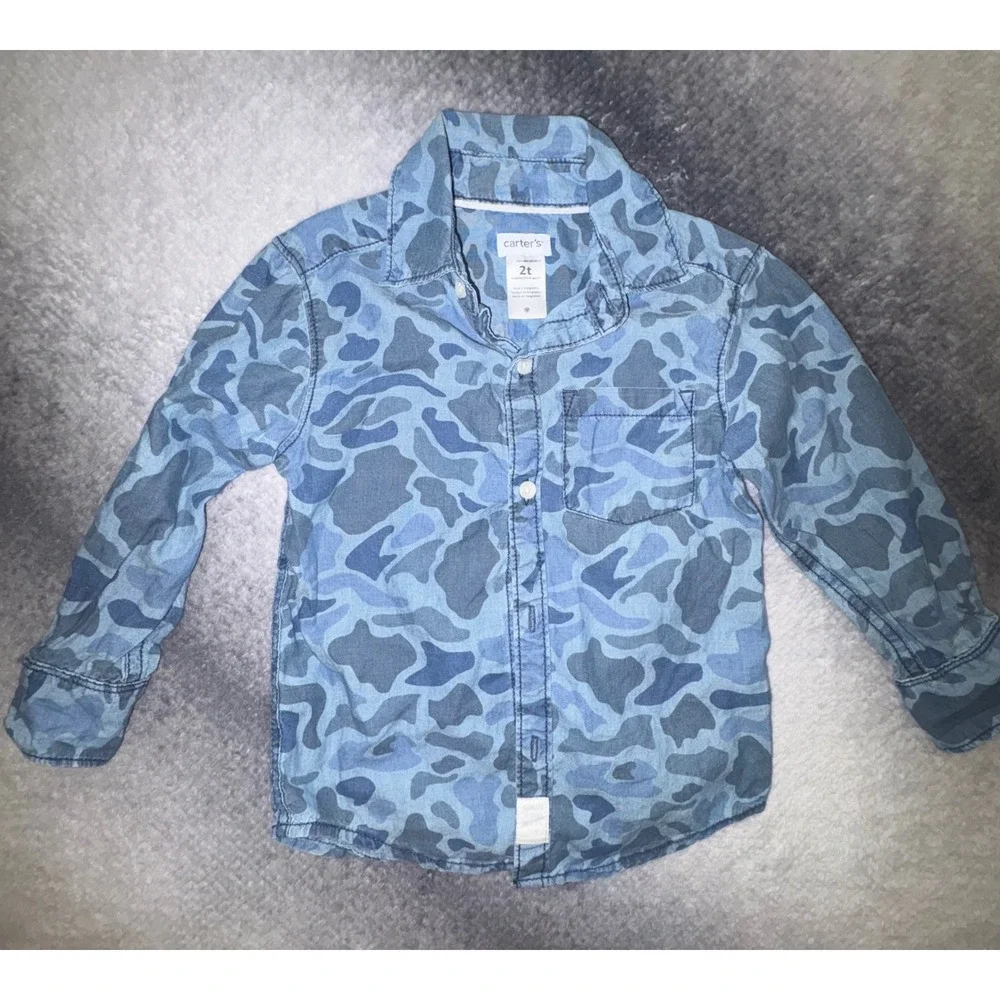 (S2) Carters Toddler Boys Blue Camo Camouflage Long Sleeve Button Down Shirt 2T